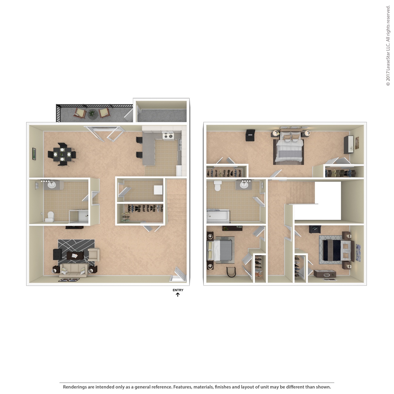 A floor plan of a two-bedroom apartment with a kitchen
